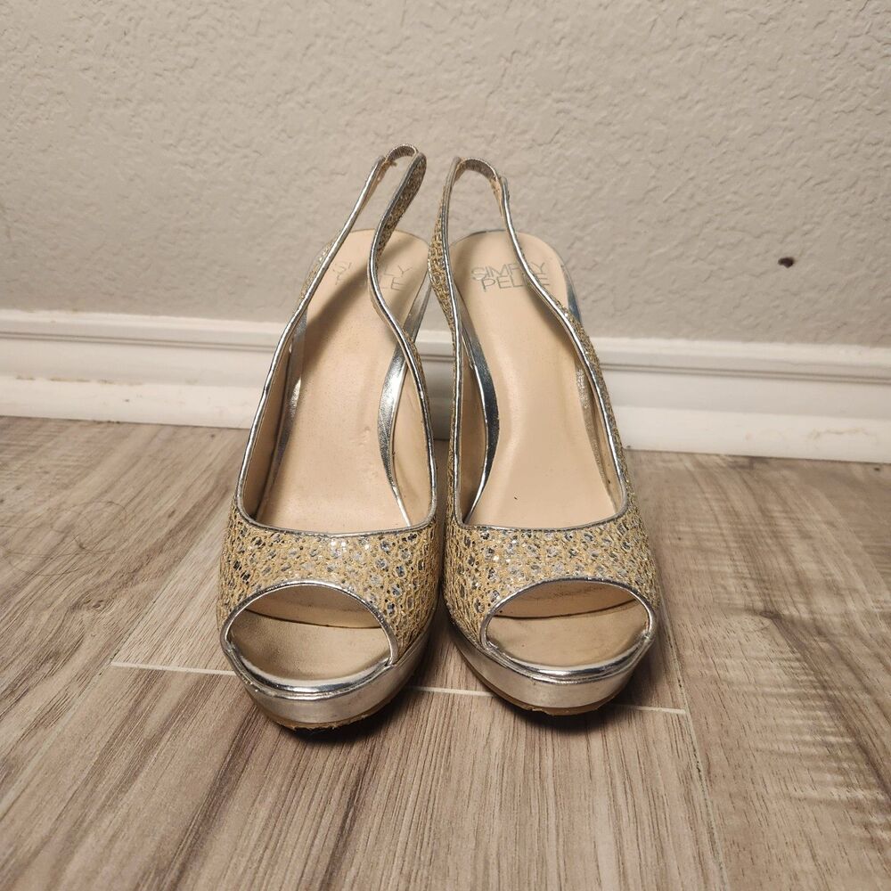 Simply Pelle Carmen Gold Silver Glitter Peep Toe Slingback Heels Size 6M